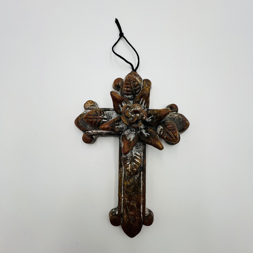 Mexican Cross Terracotta Clay Pottery Roses Religious Christ Folk Art Wall Decor